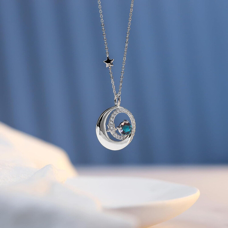 Collier Pendentif Rond Lune & Étoile en Or Blanc 14K-4