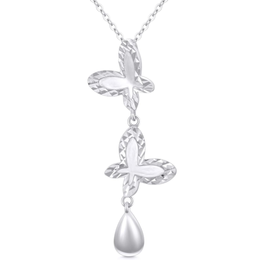 10K White Gold Cubic Zirconia Butterfly Non-adjustable Y-Necklace for Women