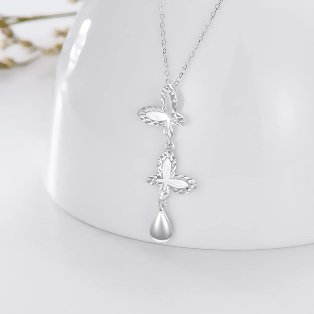 10K White Gold Cubic Zirconia Butterfly Non-adjustable Y-Necklace for Women-3