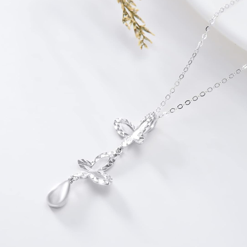 Collar en Y no ajustable de oro blanco de 18 quilates con mariposa y circonitas cúbicas para mujer-4