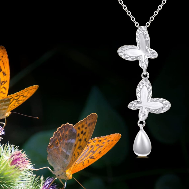 10K White Gold Cubic Zirconia Butterfly Non-adjustable Y-Necklace for Women-6