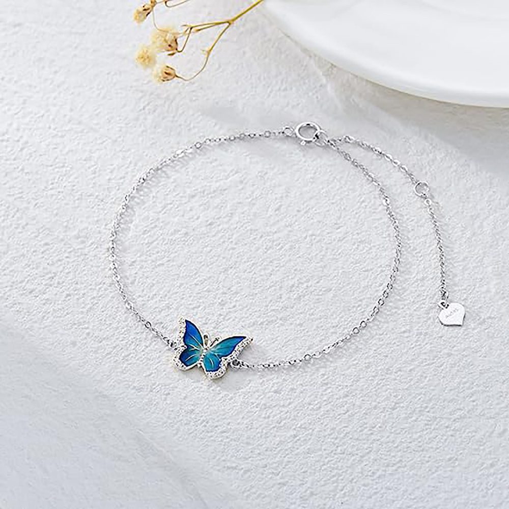 10K White Gold Cubic Zirconia Butterfly Single Layer Anklet-3