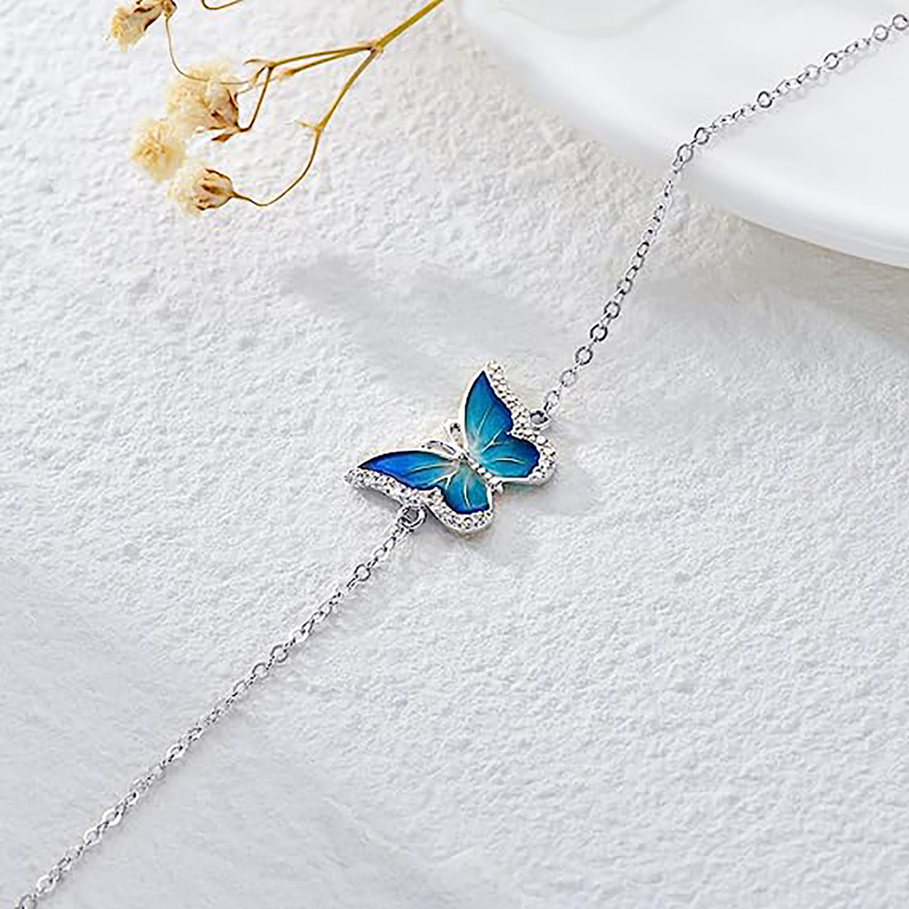 10K White Gold Cubic Zirconia Butterfly Single Layer Anklet-4