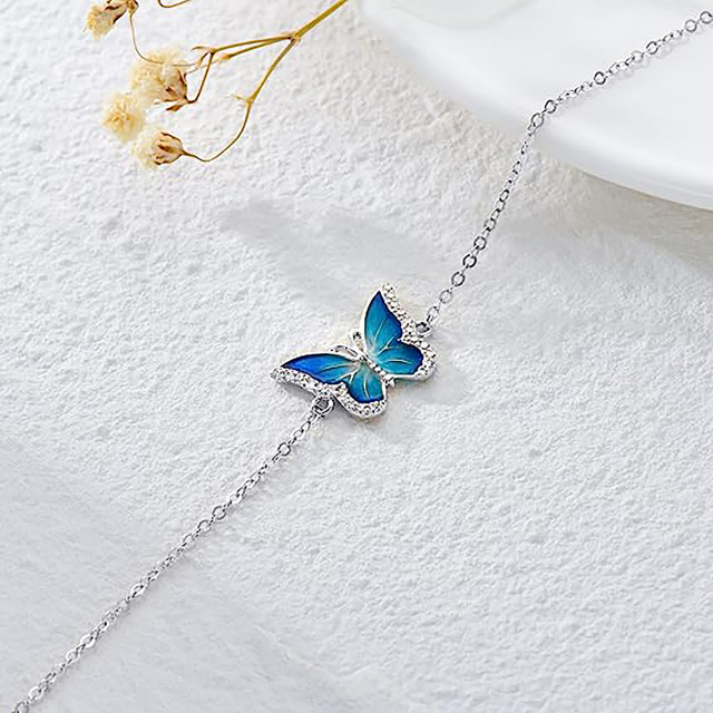 14K White Gold Cubic Zirconia Butterfly Single Layer Anklet-4