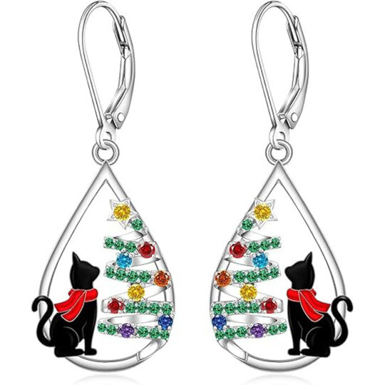 14K White Gold Cubic Zirconia Cat & Christmas Tree & Drop Shape Drop Earrings