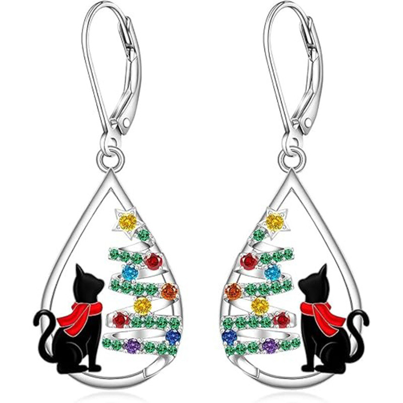 Aretes colgantes de oro blanco de 14 quilates con circonias cúbicas, diseño de gato y árbol de Navidad en forma de gota-1
