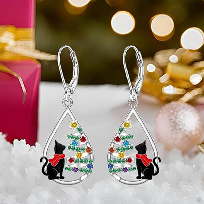 Aretes colgantes de oro blanco de 14 quilates con circonias cúbicas, diseño de gato y árbol de Navidad en forma de gota-2