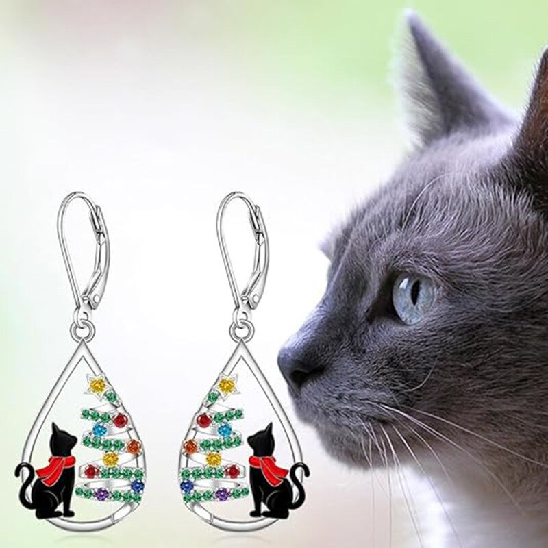 Aretes colgantes de oro blanco de 14 quilates con circonias cúbicas, diseño de gato y árbol de Navidad en forma de gota-4