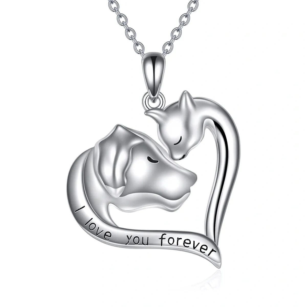 Collier en or blanc 14K avec pendentif chat, chien et coeur avec mot gravé-1