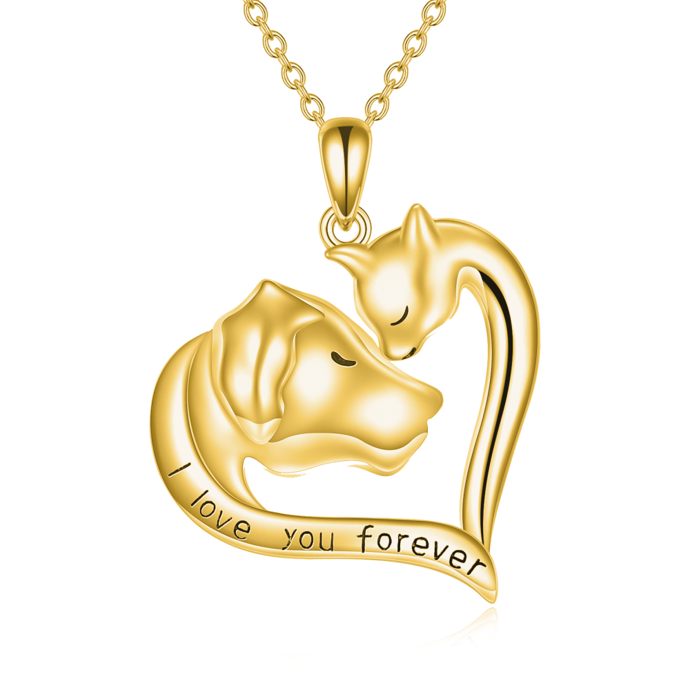 10K Gold Heart & Cat With Dog Pendant I Love You Forever Necklace For Women Men-1
