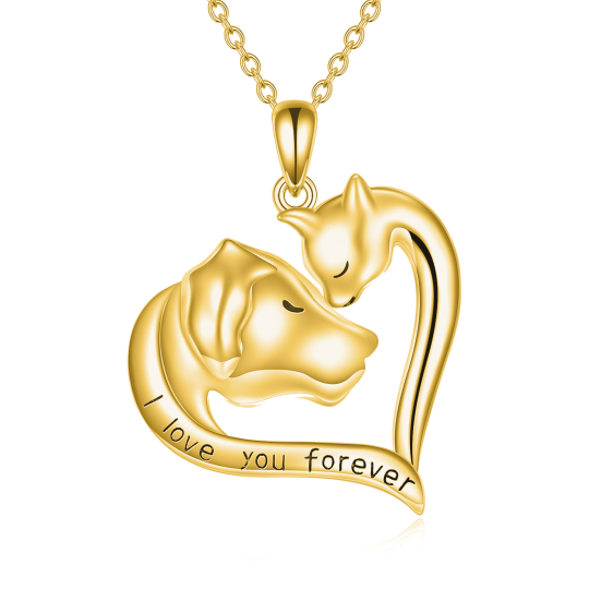 14K Gold Cat & Dog & Heart Pendant Necklace with Engraved Word