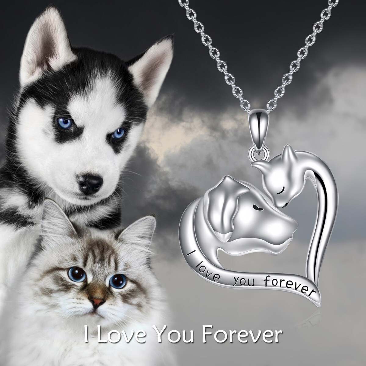 14K Gold Heart & Cat With Dog Pendant I Love You Forever Necklace For Women Men-4