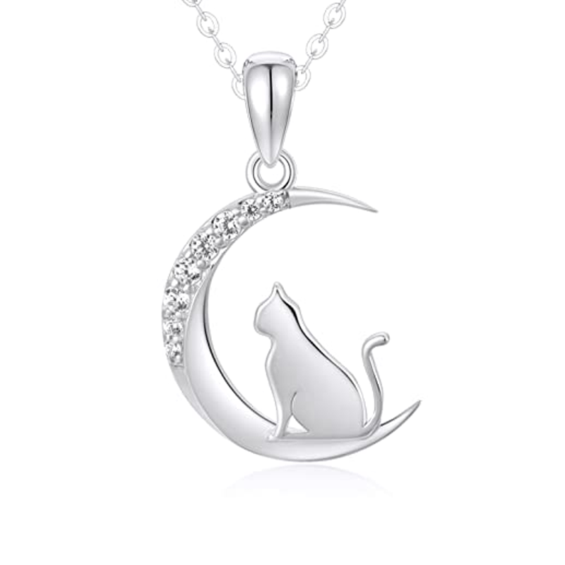 14K White Gold Cubic Zirconia Cat & Moon Necklace for Women-1