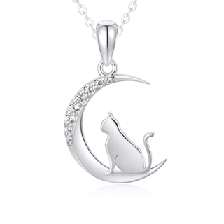 14K White Gold Cubic Zirconia Cat & Moon Necklace for Women-6