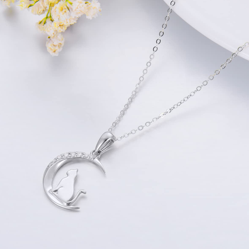 14K White Gold Cubic Zirconia Cat & Moon Necklace for Women-3