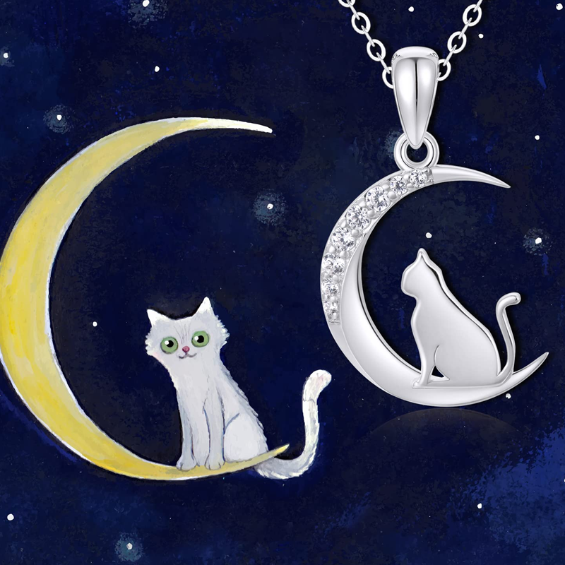 14K White Gold Cubic Zirconia Cat & Moon Necklace for Women-5