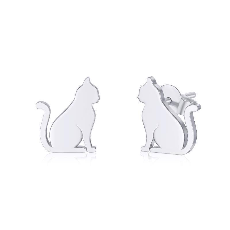 10K White Gold Cat Stud Earrings-1