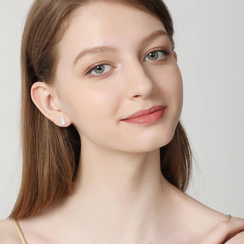 18K White Gold Cat Stud Earrings-2