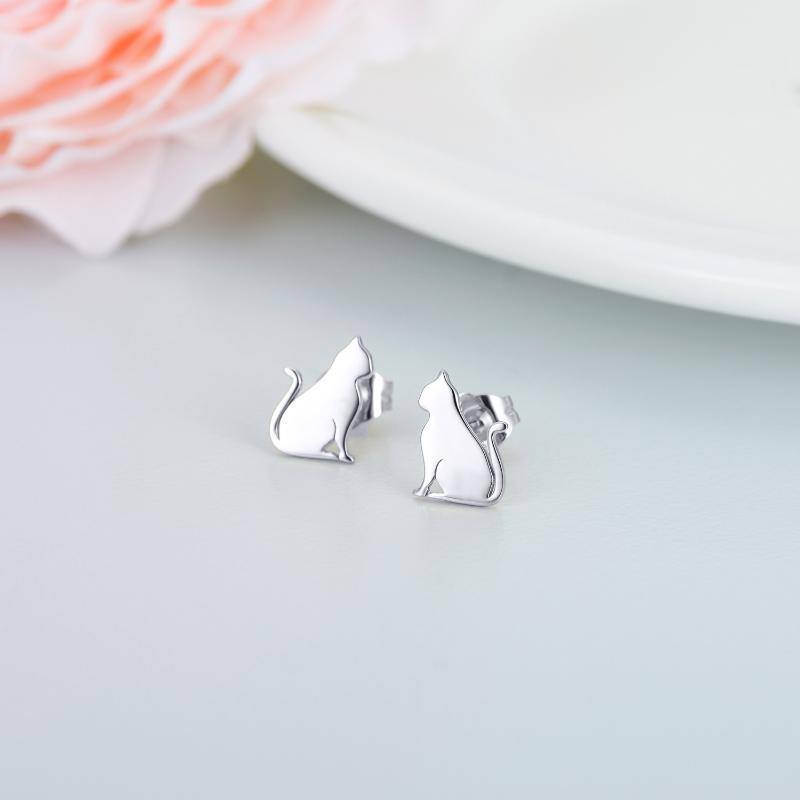 18K White Gold Cat Stud Earrings-3