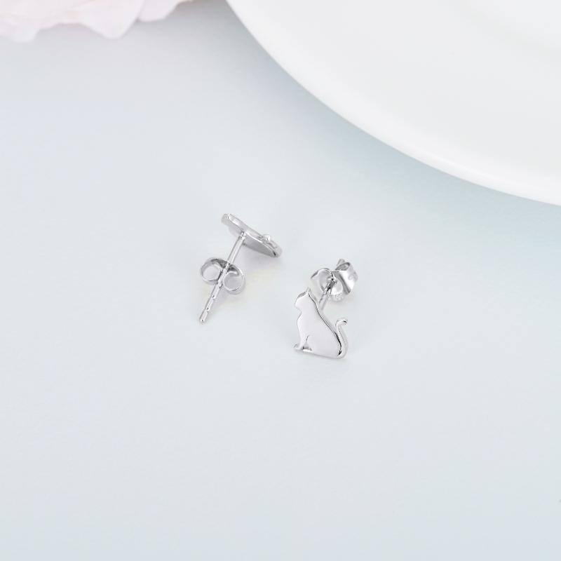 18K White Gold Cat Stud Earrings-4