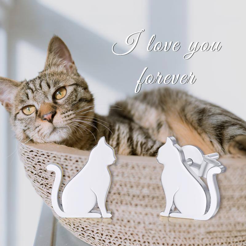 18K White Gold Cat Stud Earrings-6