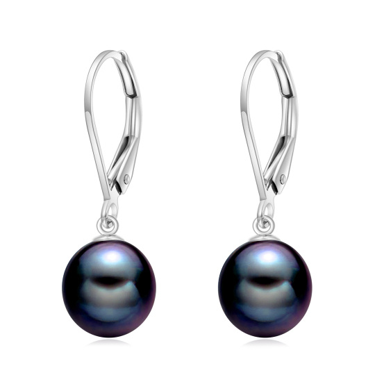 10K White Gold Circular Black Pearl Bead Lever-back Earrings-1