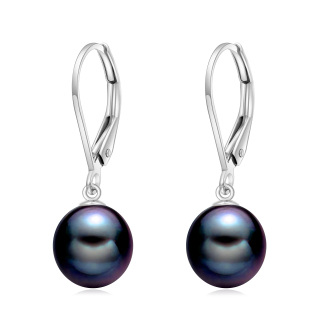 10K White Gold Circular Black Pearl Bead Lever-back Earrings-18