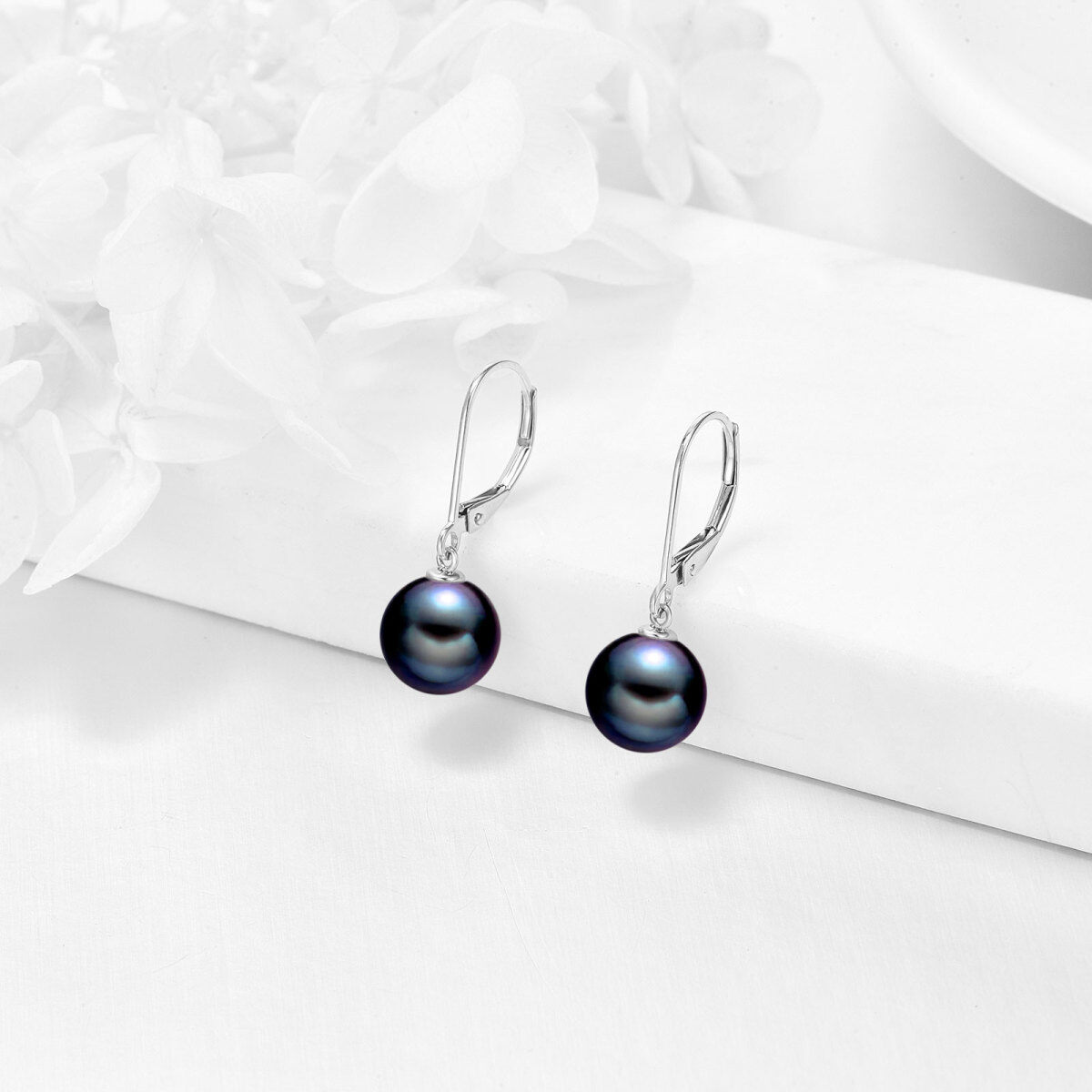 14K White Gold Circular Black Pearl Bead Lever-back Earrings-3