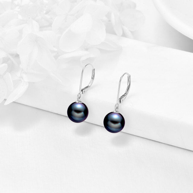 14K White Gold Circular Black Pearl Bead Lever-back Earrings-3