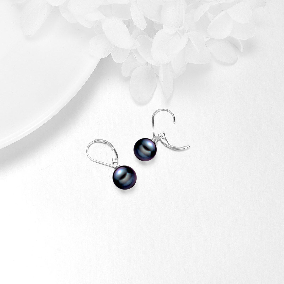 10K White Gold Circular Black Pearl Bead Lever-back Earrings-4