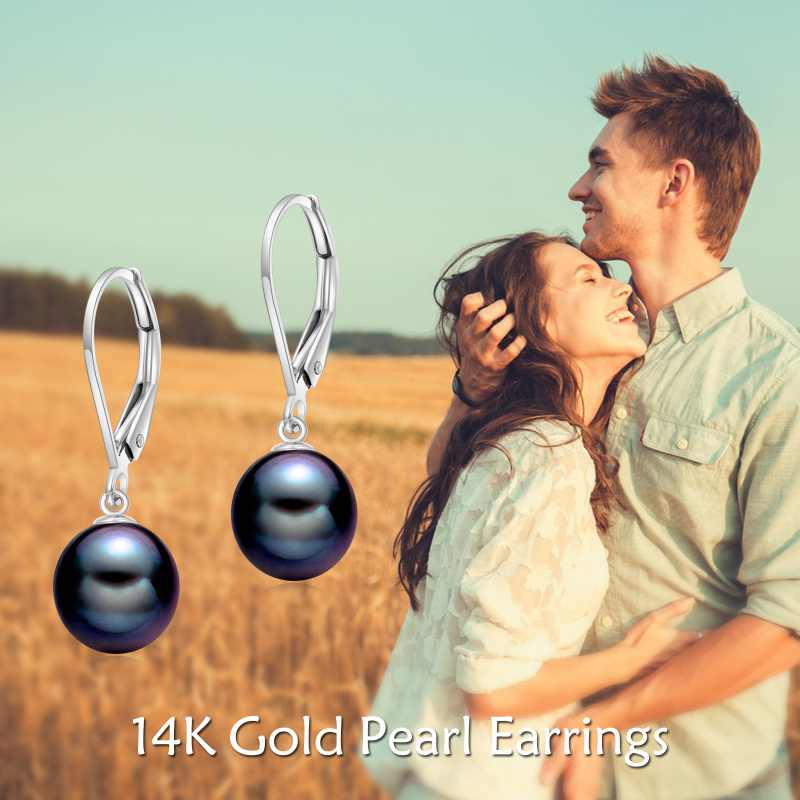 أقراط دائرية من الذهب الأبيض عيار 10 قيراط مرصعة بحبات اللؤلؤ الأسود مع رافعة خلفية-6