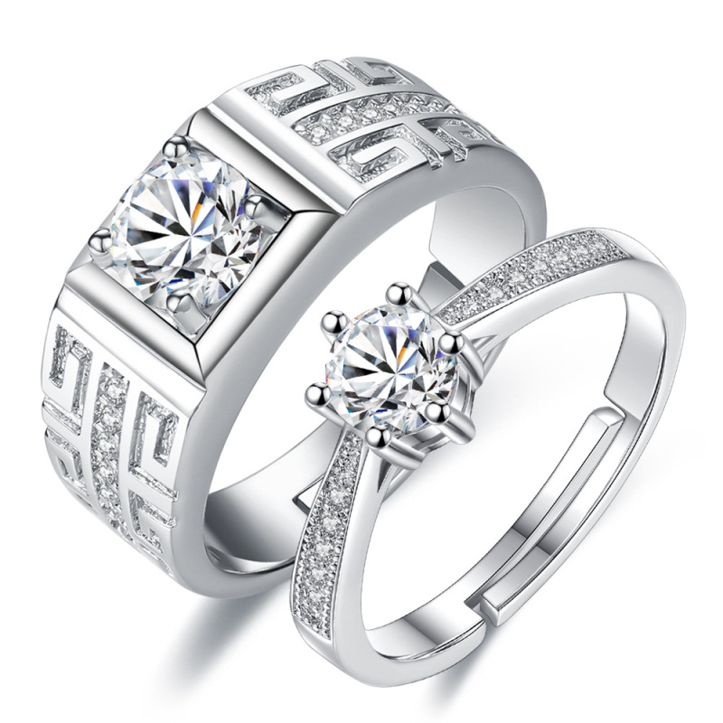 Bagues de couple en or blanc 14 carats avec diamants circulaires-1