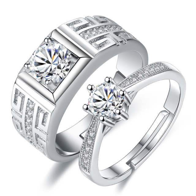 14K White Gold Circular Diamond Couple Rings-1