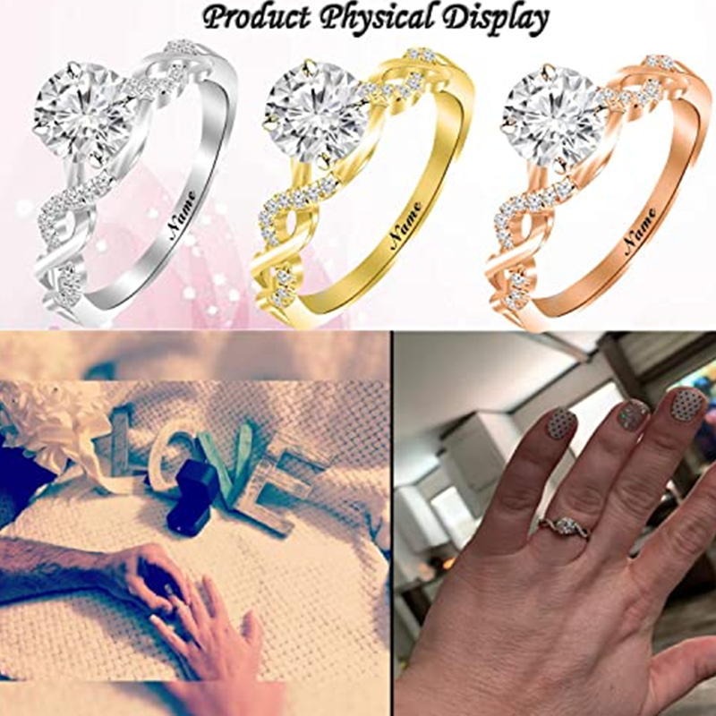 10K White Gold Round Moissanite Personalized Classic Name Wedding Ring-3
