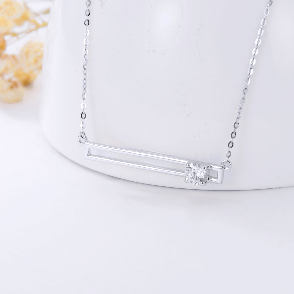 10K White Gold Circular Shaped Cubic Zirconia Bar Necklace-3