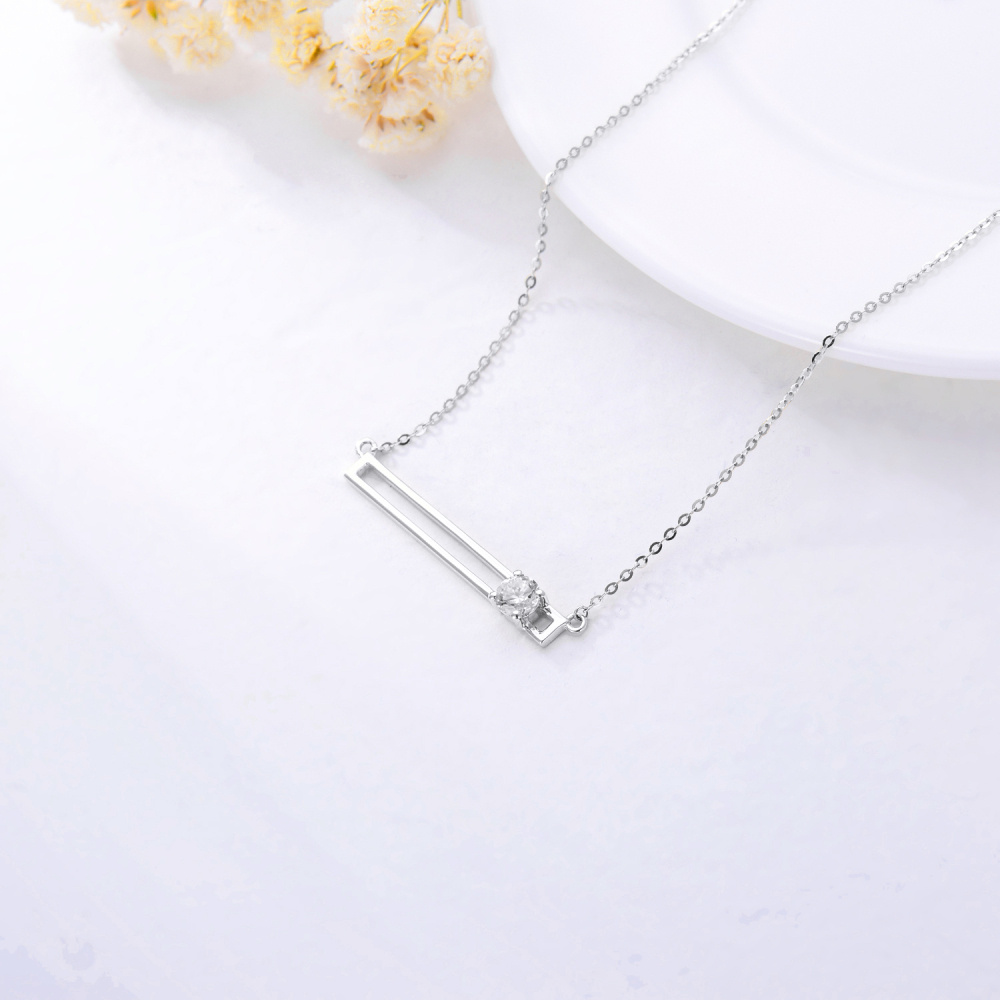 10K White Gold Circular Shaped Cubic Zirconia Bar Necklace-4