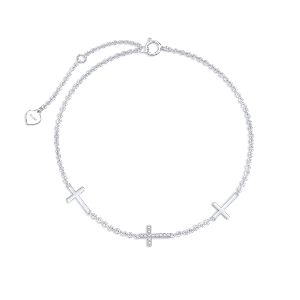 10K White Gold Circular Shaped Diamond Cross Single Layer Anklet-1