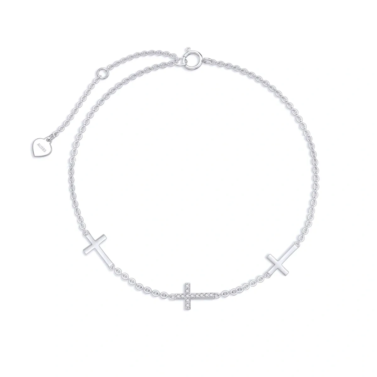 14K White Gold Circular Shaped Diamond Cross Single Layer Anklet-1