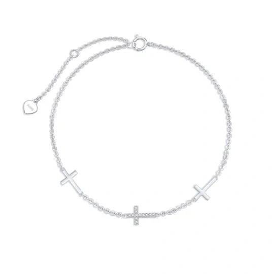 Bracelet de cheville en or blanc 14K avec diamant en forme de cercle et croix à une couche