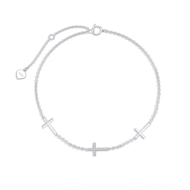 14K White Gold Circular Shaped Diamond Cross Single Layer Anklet-1