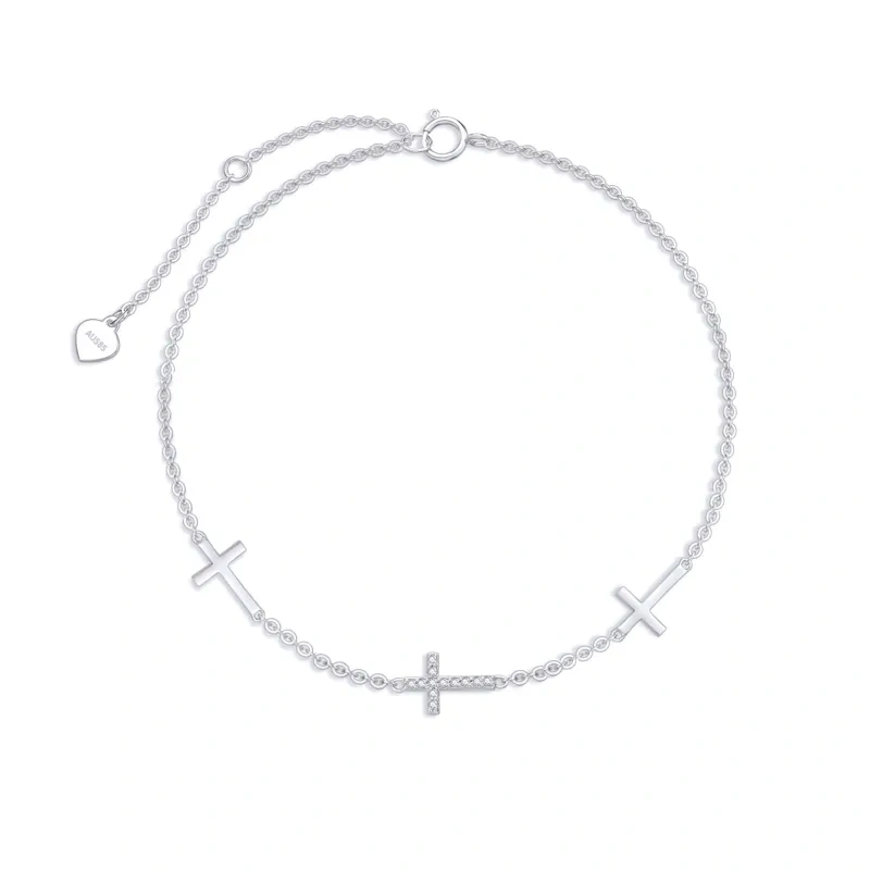 10K White Gold Circular Shaped Diamond Cross Single Layer Anklet-2