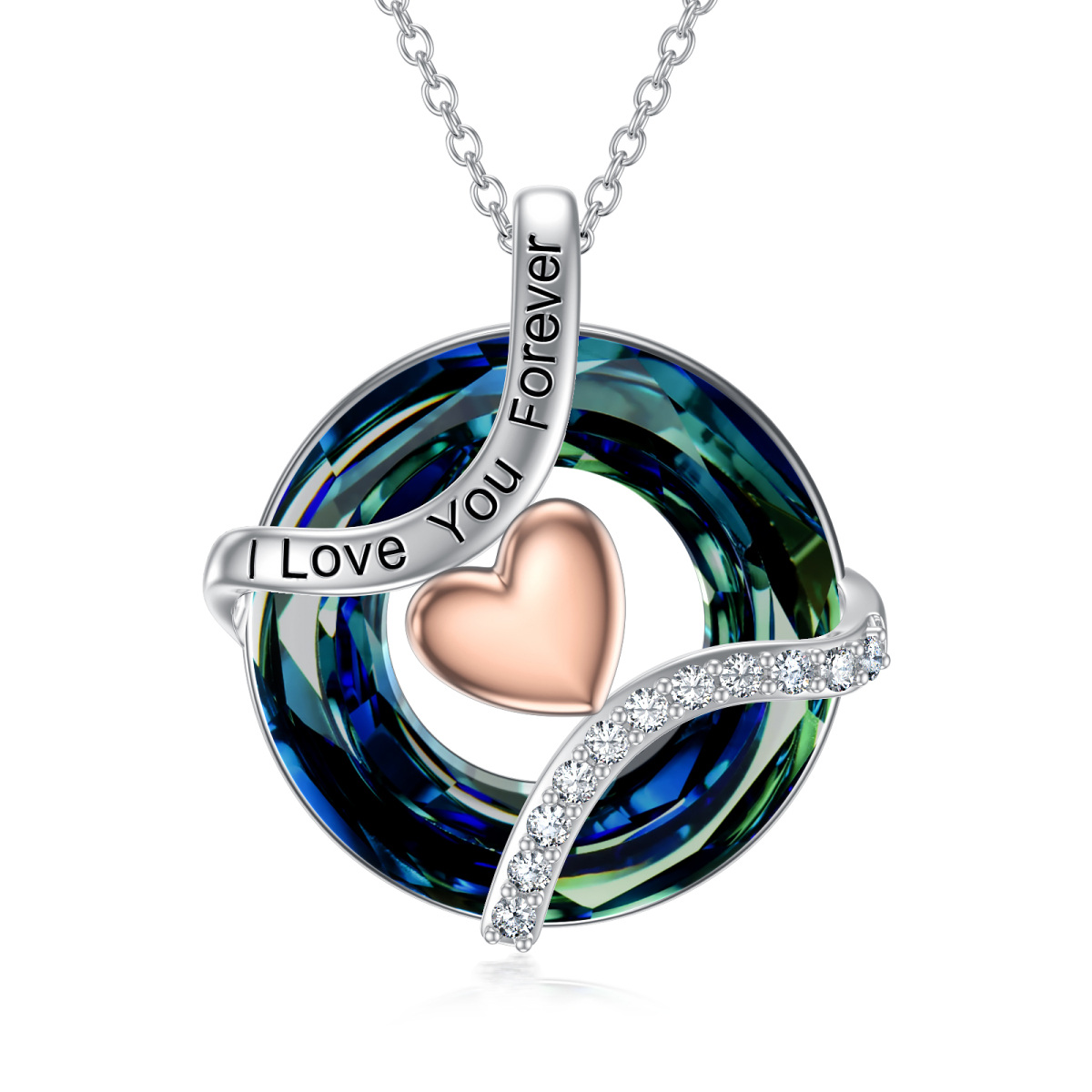 10K White Gold Circular Shaped Heart Crystal Pendant Necklace with Engraved Word-1