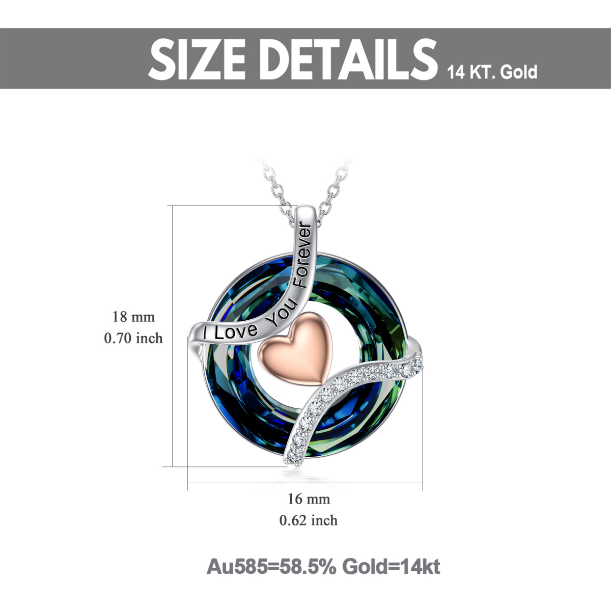 10K White Gold Circular Shaped Heart Crystal Pendant Necklace with Engraved Word-5