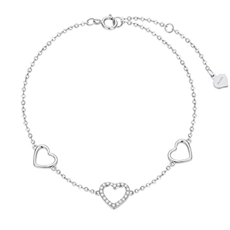 10K White Gold Circular Shaped Cubic Zirconia Heart Single Layer Anklet-1