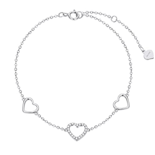 Bracelet de cheville en or blanc 14K avec cœur en zircone cubique de forme circulaire