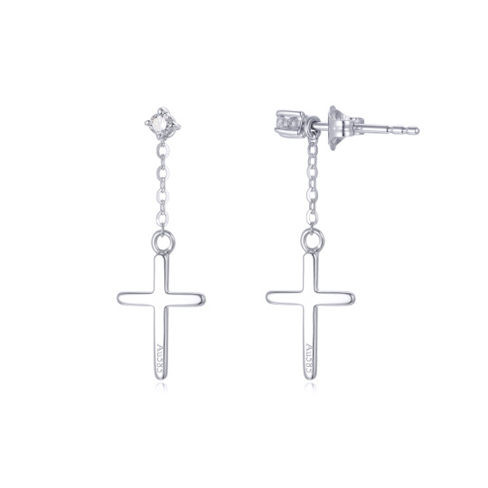 Boucles d'oreilles pendantes en or blanc 14K en forme de croix en Moissanite de forme circ