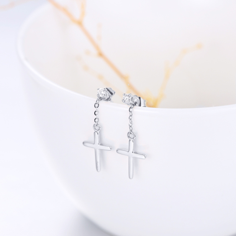 10K White Gold Circular Shaped Moissanite Cross Drop Earrings-3