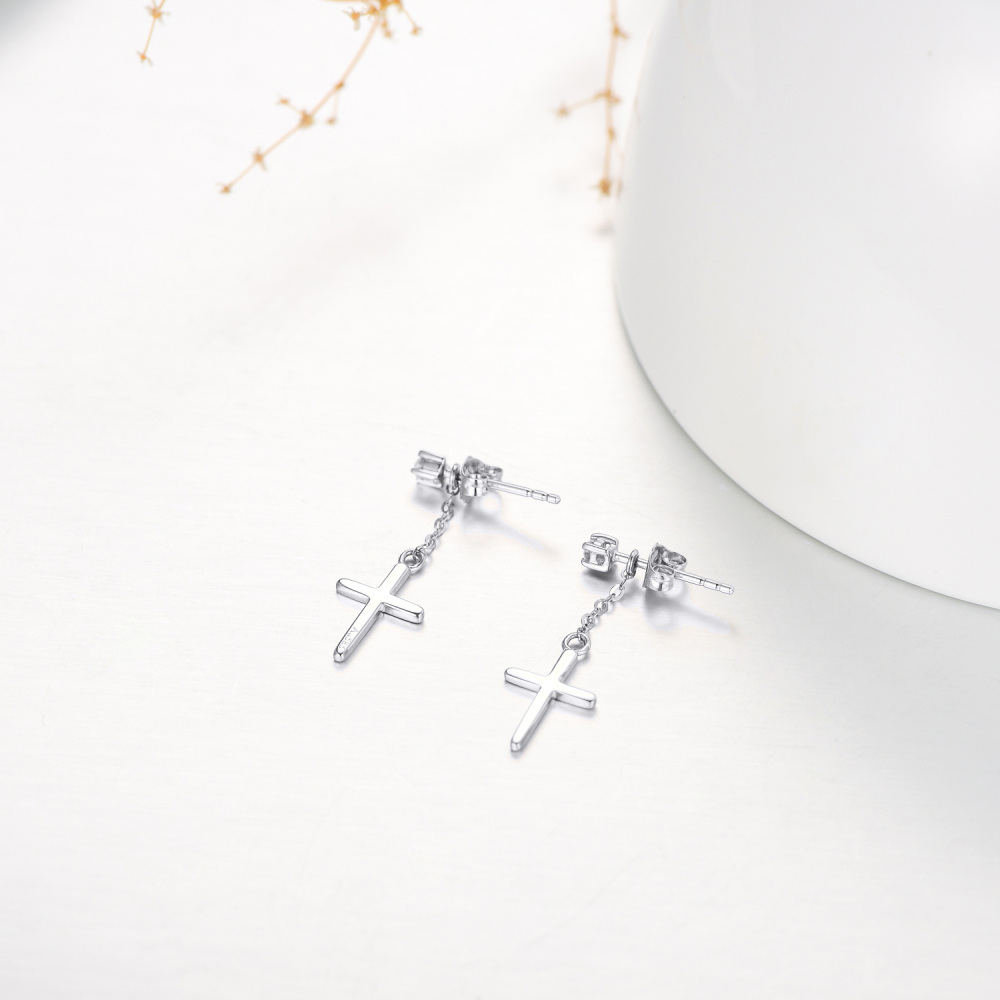 10K White Gold Circular Shaped Moissanite Cross Drop Earrings-4
