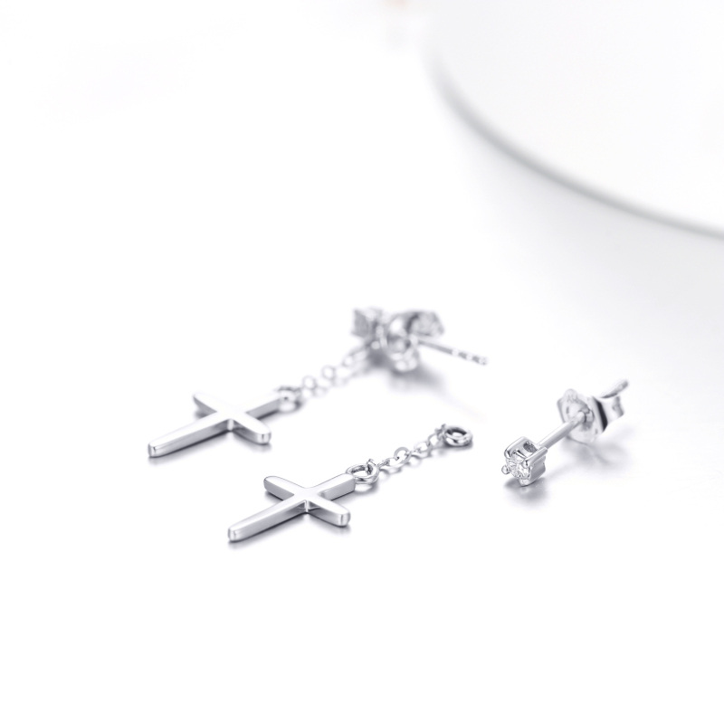 10K White Gold Circular Shaped Moissanite Cross Drop Earrings-5