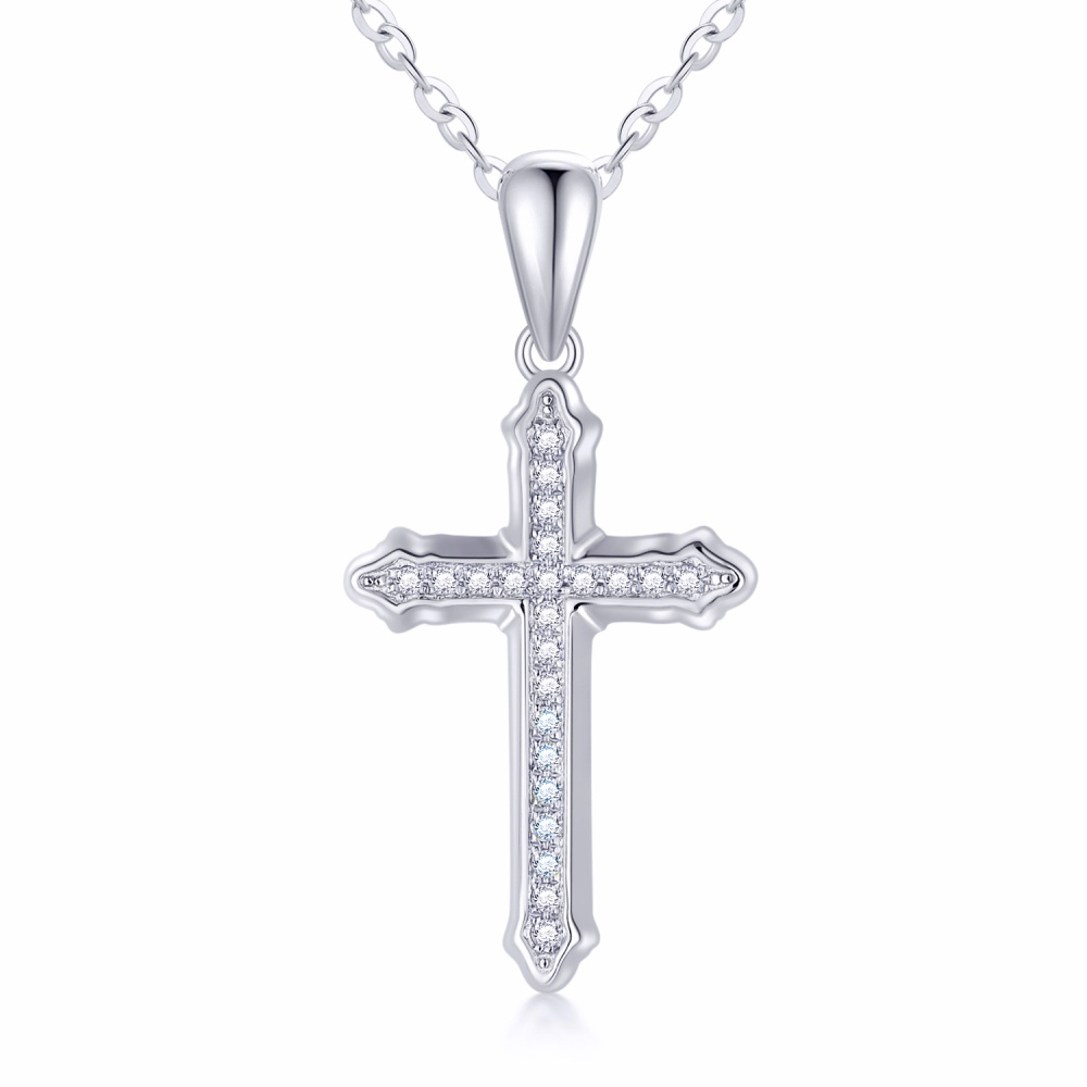 10K White Gold Circular Shaped Moissanite Cross Pendant Necklace-1